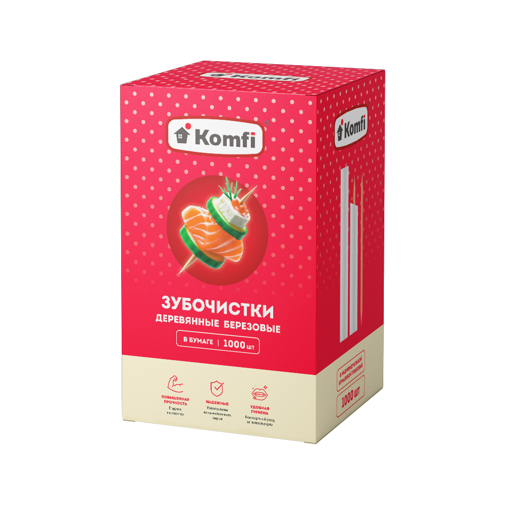 Зубочистки березовые в инд.бумажной упаковке 1000 шт, в коробке, Komfi — купить в Алматы