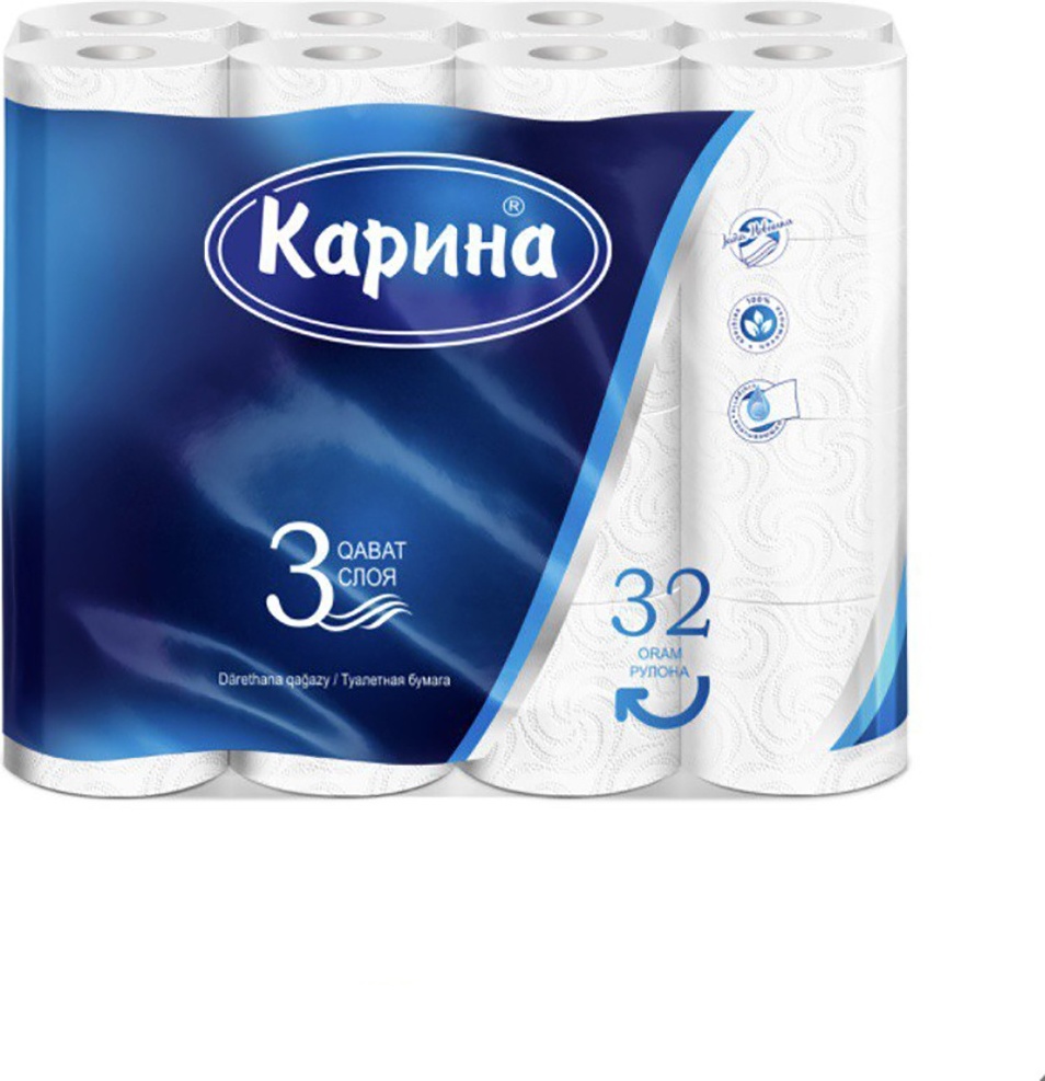 Карина туалетная бумага 3-слойный 32 шт, первичная целлюлоза — купить в Алматы